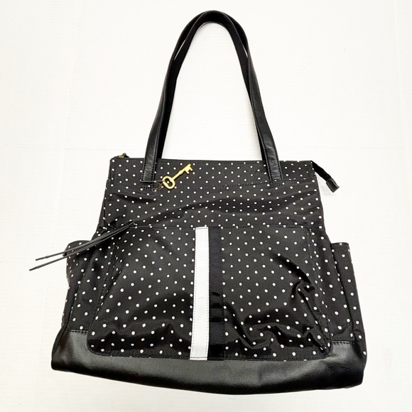 Fossil Handbags - Fossil Polka Dots Tote Shoulder Bag Nylon Black White